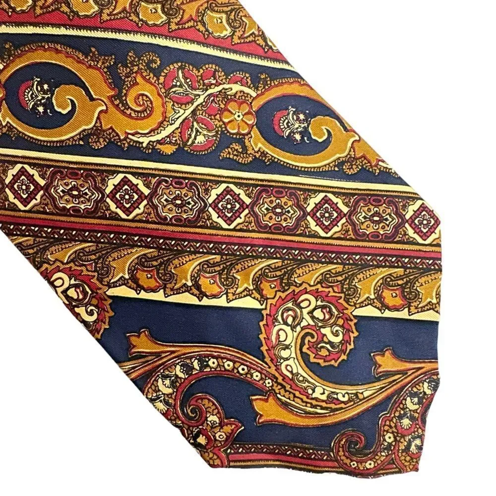 Vintage 70s John Comfort, England Gold and Navy Blue Paisley Striped Neck Tie